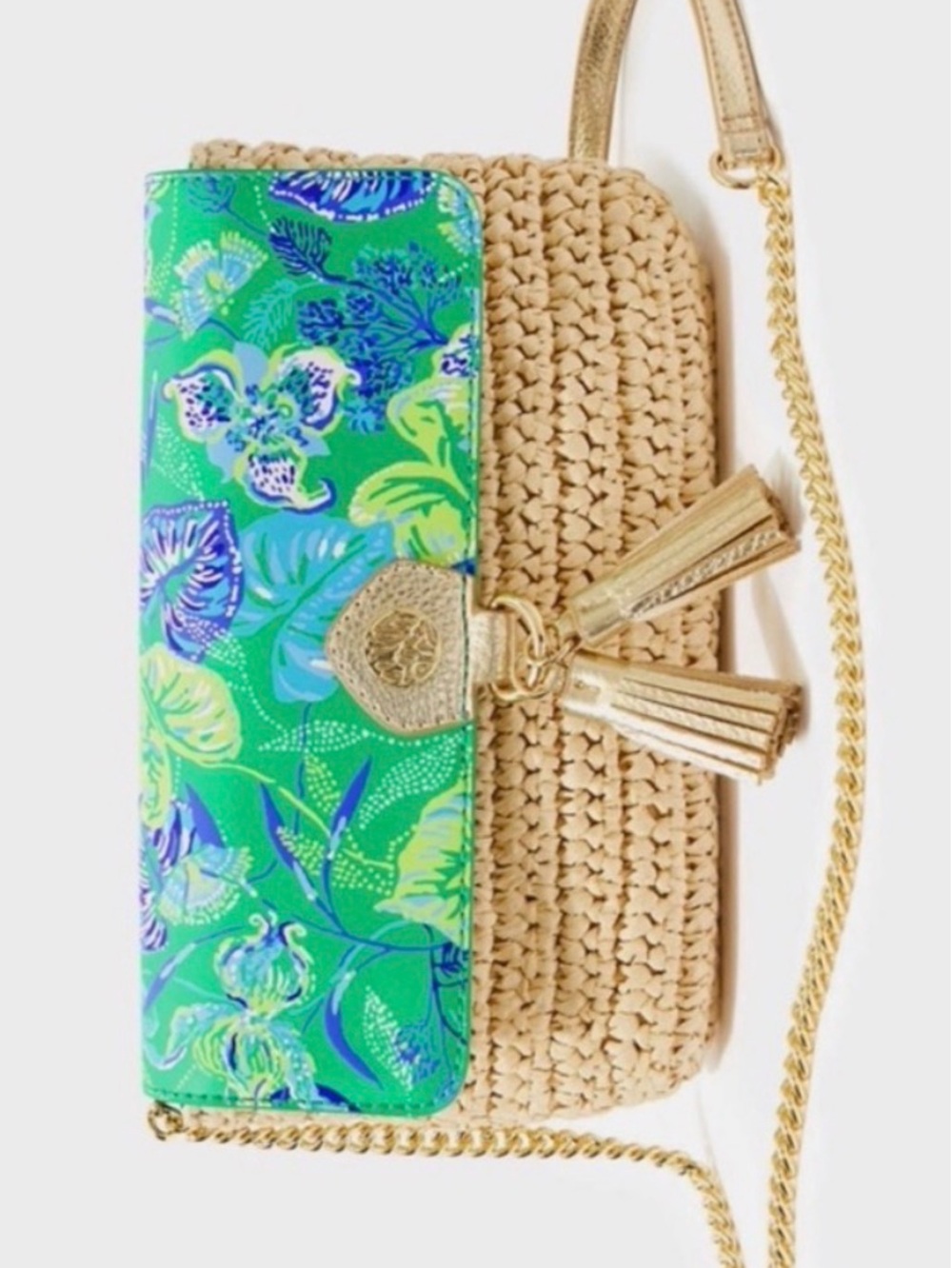 NWT Lilly Pulitzer Green Floral Straw Clutch